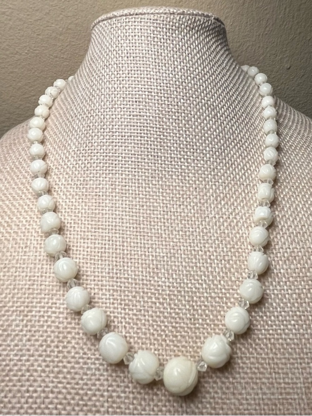 White Rose Shaped Bead  Necklace with silver clasp Vintage
